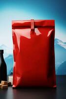 röd papper väska på tabell med bergen och flaska av vin i bakgrund generativ ai foto