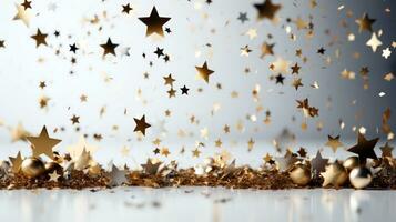 jul bakgrund med guld stjärna glitter, konfetti faller på vit tabell. ny år eve fest baner mall med kopia Plats för text ai generativ foto