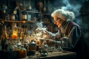 gammal kemist kvinna i gammal laboratorium. generera ai foto