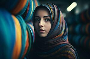 kvinna bär hijab i textil- fabrik. generera ai foto