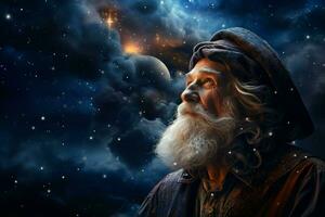 kunnig astronom gammal man starry himmel natt. generera ai foto
