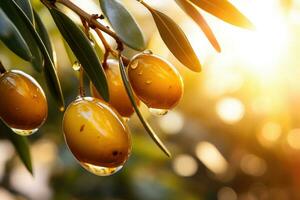 grön oliver på oliv träd gren på solnedgång. generativ ai foto