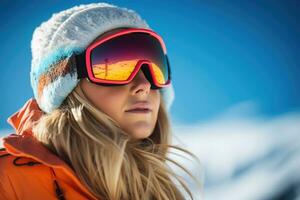kvinna bär åka skidor googlar på åka skidor tillflykt. generativ ai foto