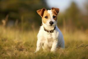 Lycklig domkraft russell terrier sällskapsdjur hund väntar, lyssnande i de gräs. ai genererad foto