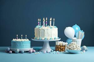 födelsedag kaka med ljus och sötsaker på vit tabell nära blå vägg. generativ ai foto