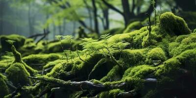 grön mossa närbild, med en bakgrund av skog. skog i de nationell parkera. ai genererad foto
