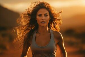ung kvinna joggning i de solnedgång, skapas med generativ ai foto