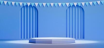 ett tömma skede med blå gardiner och en podium foto