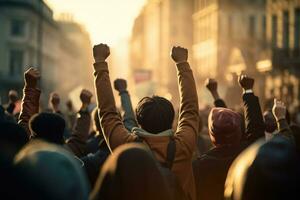 människor protesterar på stad gata. generativ ai foto