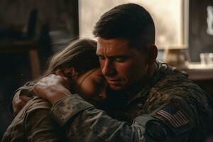 militär soldat fattande hans dotter. generativ ai foto