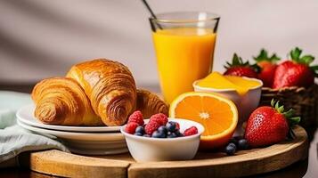 njuter en hälsosam frukost av juice, croissanter, och sylt. generativ ai foto