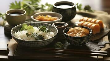 klassisk japansk frukost maträtter. generativ ai foto