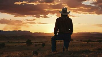 silhouetted lugn. en cowboy och de fading Sol. generativ ai foto