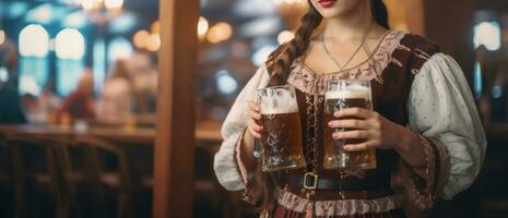 en kvinna i bavarian klänning med en öl mugg. generativ ai foto