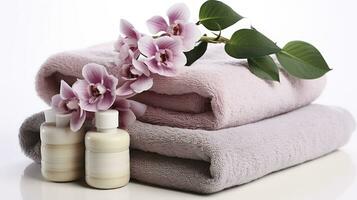 bad-tid elegans. lyxig handdukar, blomning skönhet, och praktisk dispenser. generativ ai foto