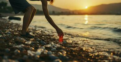 strandnära hjälte. ett man, senior manlig plockning upp plast flaska på de strand i solnedgång. generativ ai foto