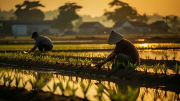 vårda naturens frikostighet. jordbrukare på arbete i de ris fält. generativ ai foto