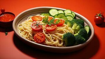 färsk och hälsosam skola måltid. spaghetti med en sida av jordgubbar. generativ ai foto