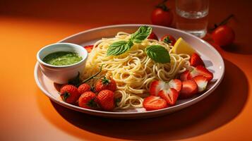 en tallrik av spaghetti med gurka skivor och jordgubbar eras för skola lunch. generativ ai foto