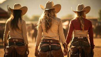 stövlar, spännen, och flätor. cowgirls rodeo showtime förberedelser. generativ ai foto