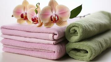 handduk rullar träffa blommig skönhet. generativ ai foto