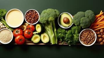 balanserad friska och Lycklig vegan. skön av mängd grönsaker och friska växt protein arrangera i horisontell med Plats på grön bakgrund. generativ ai foto