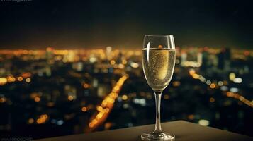 glas av champagne i de natt på de topp av en skyskrapa över de stad, skön natt stad horisont, generativ ai foto