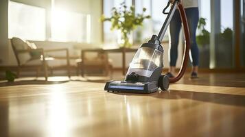 skinande rent golv - kvinna rena golv med en Vakuum rengöringsmedel. generativ ai foto