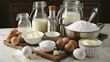de grundläggande Ingredienser och Utrustning för kaka skapande. mjöl, Smör, socker, ägg. generativ ai foto