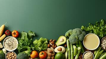 näringsrik grönsaker och växt protein arrangemang för en Lycklig, friska vegan livsstil. generativ ai foto
