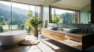 modern badrum salighet badade i naturlig ljus och berg landskap. generativ ai foto