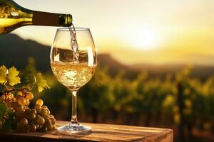 häller vit vin in i glas på vingård bakgrund på solnedgång. generativ ai foto