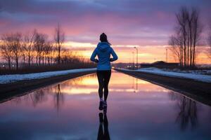 kvinna löpning på skymning. idrottare kvinna på kall springa joggning snabb. generativ ai foto