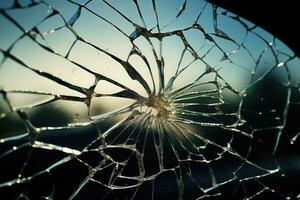 bruten bil vindskydd, skadad glas med spår av mötande sten på väg. generativ ai foto