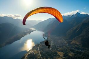 paraglider flygande över bergen i sommar dag. generativ ai foto