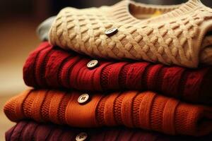 stack av olika färgrik stickat värma tröjor. generativ ai foto