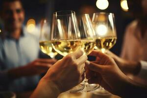 vänner toasting vit vin i restaurang. Lycklig ung människor med cocktails på pub. ai genererad foto