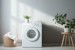 interiör av Hem tvätt rum med modern tvättning maskin. generativ ai foto