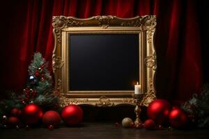 klassisk jul dekor med gyllene ram och röd sammet tyg. generativ ai foto