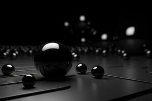 skinande bollar i annorlunda storlekar på svart bakgrund. abstrakt glansig bubblor. sammansättning med kaotisk flytande sfärer. generativ ai foto