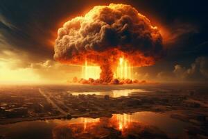 fruktansvärd atom- explosion av en kärn bomba med en svamp moln av radioaktiv damm. väte bomba testa. generativ ai foto