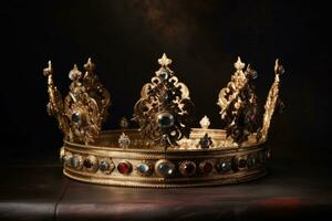 gyllene dekorerad drottning krona med ruter. dyr Smycken. magi krona, stänga upp. generativ ai foto