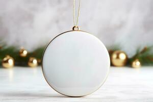 tom tömma vit glansig keramisk cirkel bunden med en metallisk gyllene sträng över en rustik bakgrund och jul lampor. generativ ai foto