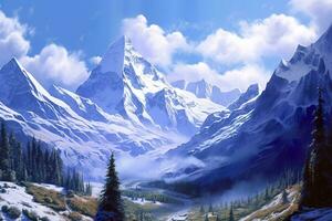 de skönhet av en majestätisk och snö capped berg räckvidd, med oländig toppar, ai generativ foto