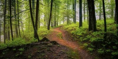 en väg med skön skog. ai genererad foto