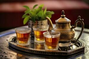 traditionell marockansk te uppsättning med dekorativ tekannor, glasögon, och mynta löv. generativ ai foto