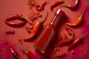 Tabasco varm peppar sås med röd chili peppar, platt lägga. generativ ai foto