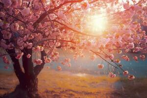 vår blomma bakgrund. natur scen med blomning träd och Sol blossa. generativ ai foto
