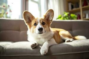 skön, smart, lugna renrasig corgi hund liggande på på soffa i levande rum. generativ ai foto