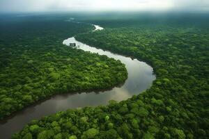 antenn se av de amazonas djungel landskap med flod böja. generativ ai foto